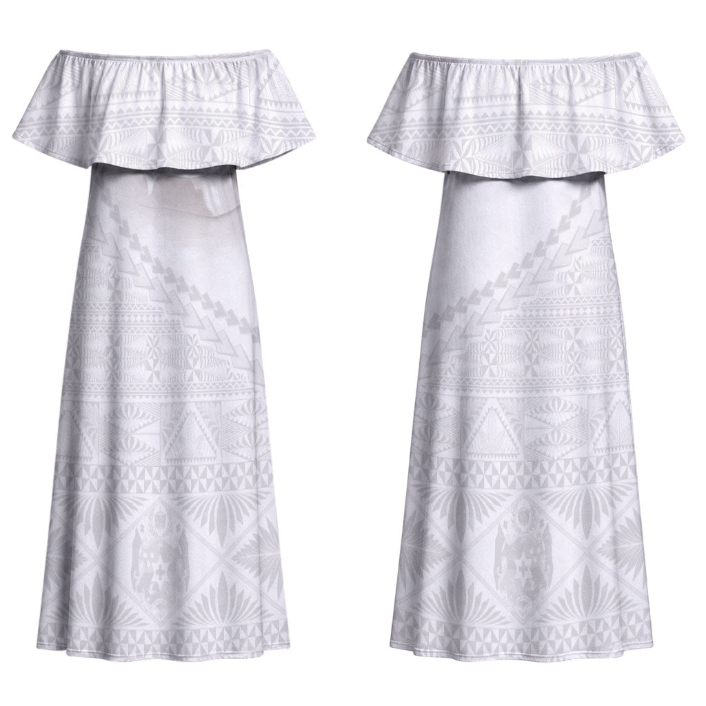 Tonga White Sunday Fakame Couples Matching Off Shoulder Maxi Dress and Long Sleeve Button Shirt Tokelaufeletoa Kupesi