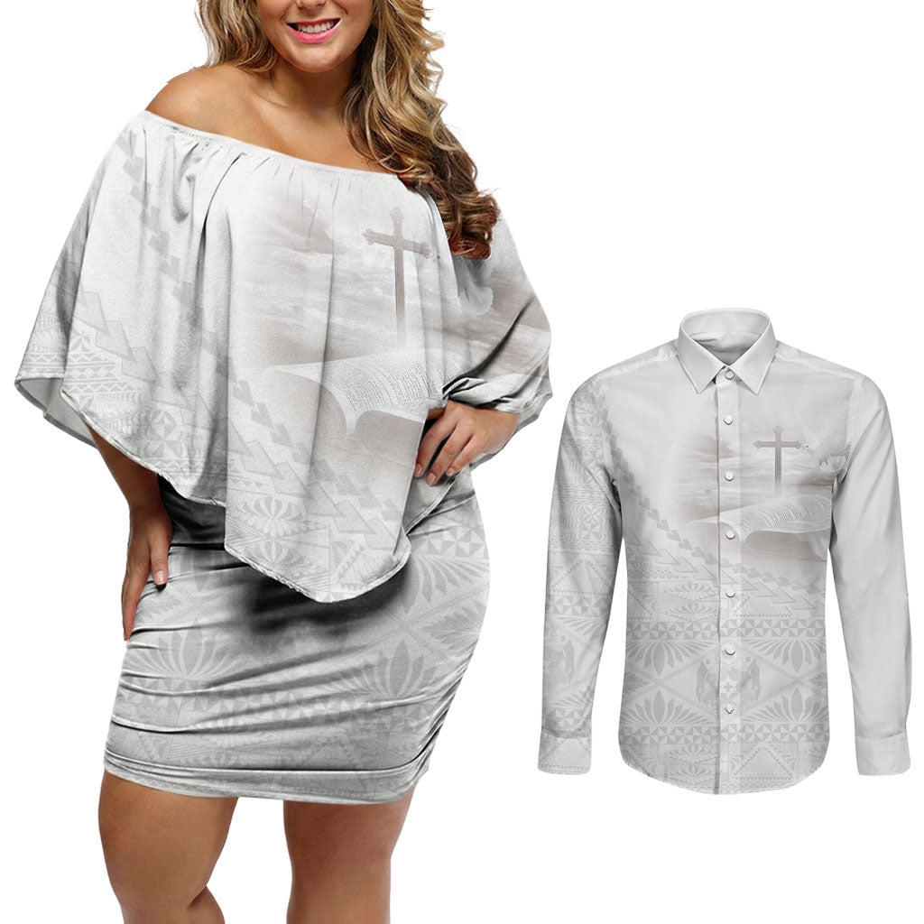 Tonga White Sunday Fakame Couples Matching Off Shoulder Short Dress and Long Sleeve Button Shirt Tokelaufeletoa Kupesi