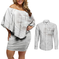 Tonga White Sunday Fakame Couples Matching Off Shoulder Short Dress and Long Sleeve Button Shirt Tokelaufeletoa Kupesi