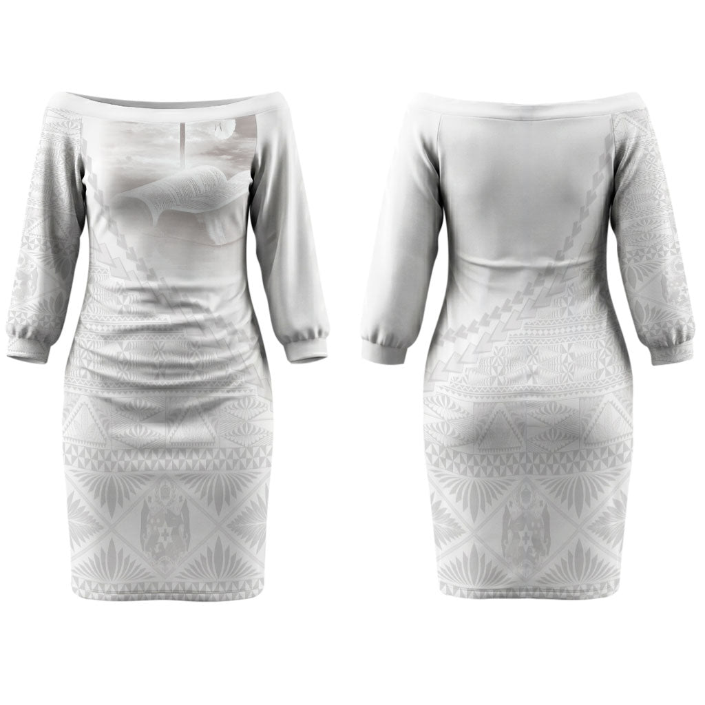 Tonga White Sunday Fakame Couples Matching Off The Shoulder Long Sleeve Dress and Hawaiian Shirt Tokelaufeletoa Kupesi