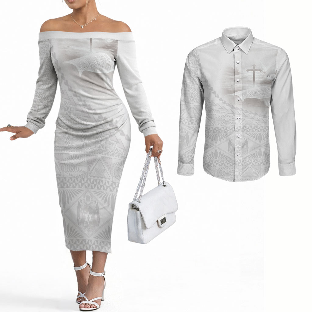 Tonga White Sunday Fakame Couples Matching Off The Shoulder Long Sleeve Dress and Long Sleeve Button Shirt Tokelaufeletoa Kupesi