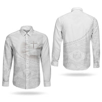 Tonga White Sunday Fakame Couples Matching Off The Shoulder Long Sleeve Dress and Long Sleeve Button Shirt Tokelaufeletoa Kupesi