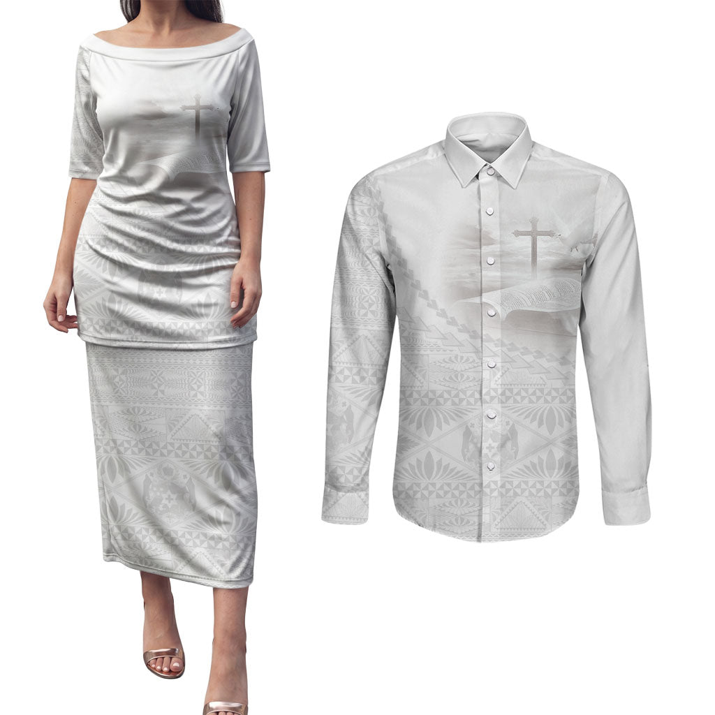 Tonga White Sunday Fakame Couples Matching Puletasi and Long Sleeve Button Shirt Tokelaufeletoa Kupesi
