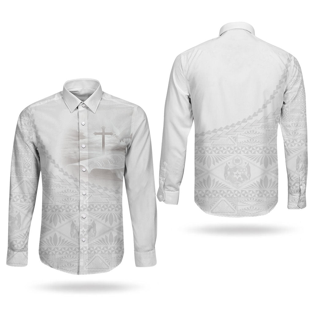 Tonga White Sunday Fakame Couples Matching Puletasi and Long Sleeve Button Shirt Tokelaufeletoa Kupesi