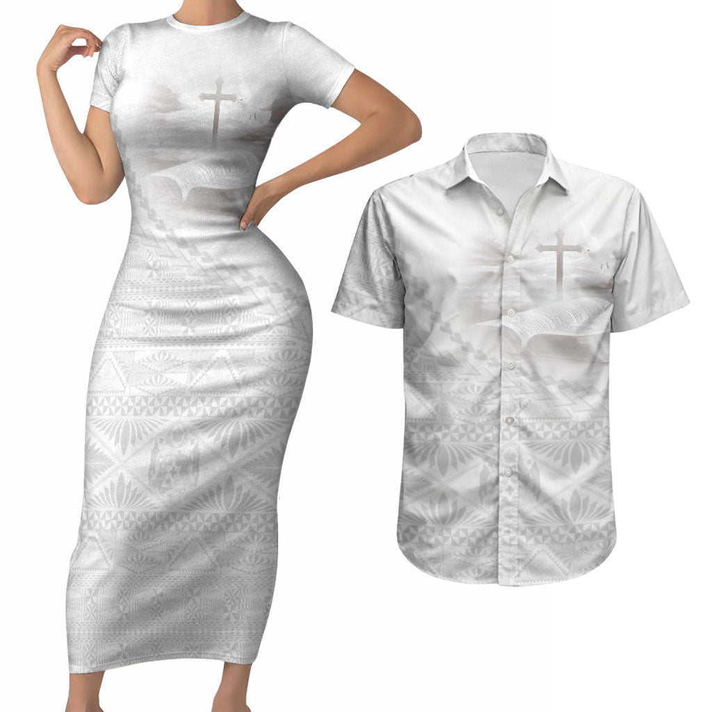 Tonga White Sunday Fakame Couples Matching Short Sleeve Bodycon Dress and Hawaiian Shirt Tokelaufeletoa Kupesi