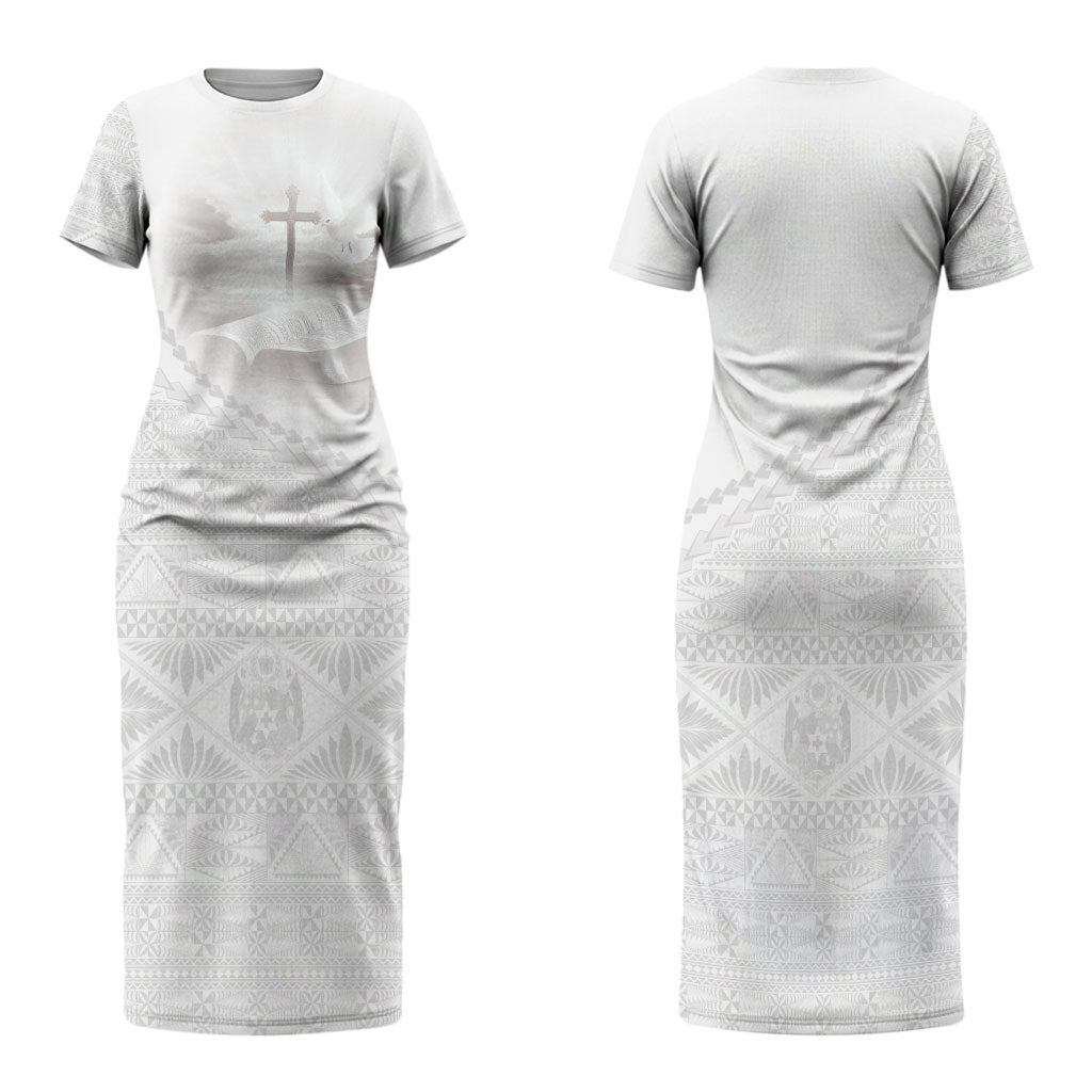 Tonga White Sunday Fakame Couples Matching Short Sleeve Bodycon Dress and Hawaiian Shirt Tokelaufeletoa Kupesi