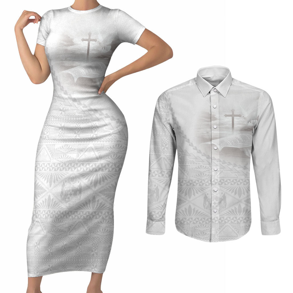 Tonga White Sunday Fakame Couples Matching Short Sleeve Bodycon Dress and Long Sleeve Button Shirt Tokelaufeletoa Kupesi