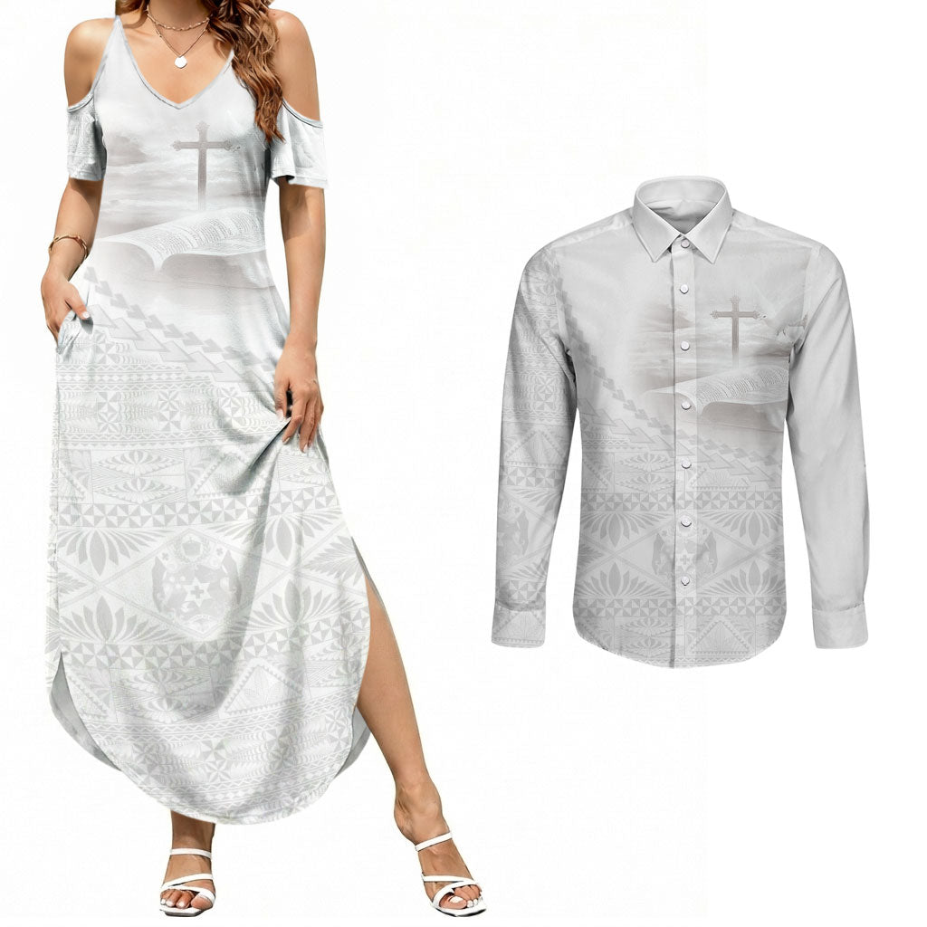 Tonga White Sunday Fakame Couples Matching Summer Maxi Dress and Long Sleeve Button Shirt Tokelaufeletoa Kupesi
