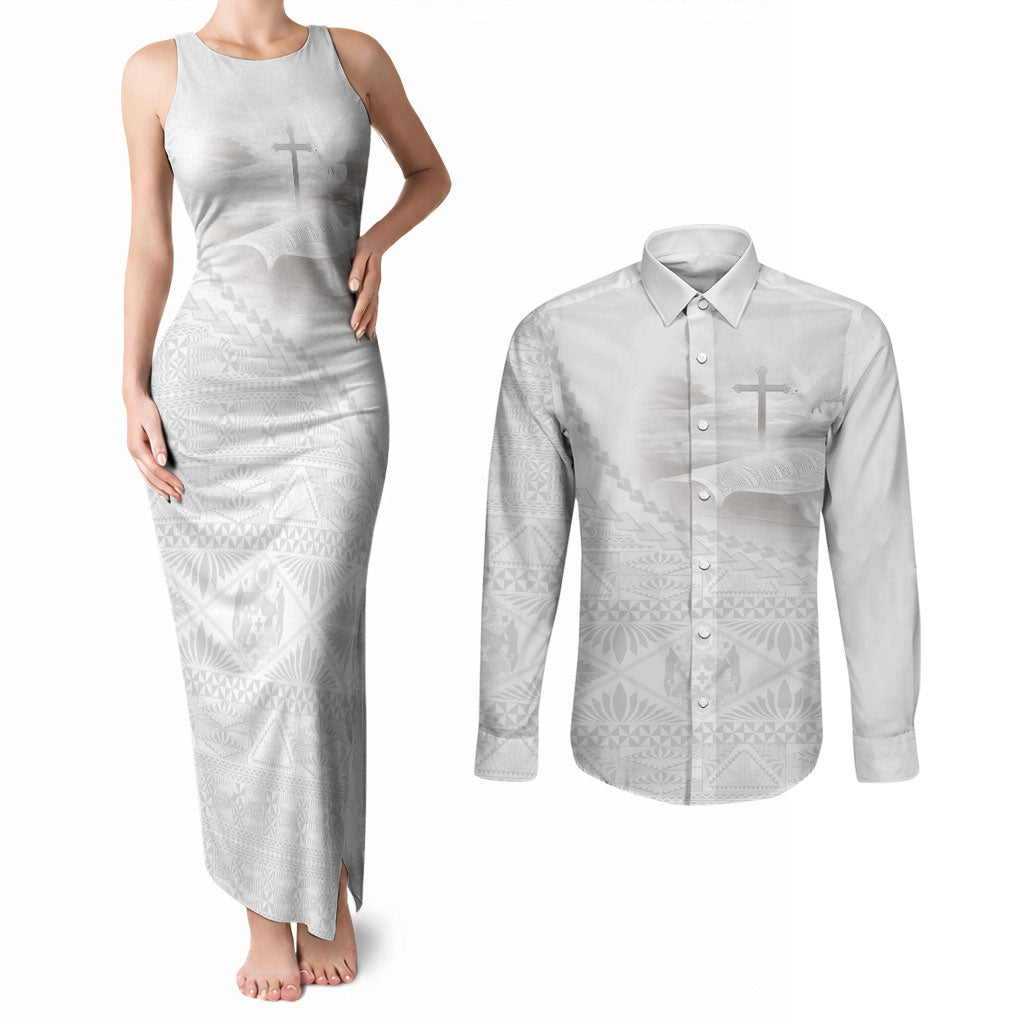 Tonga White Sunday Fakame Couples Matching Tank Maxi Dress and Long Sleeve Button Shirt Tokelaufeletoa Kupesi