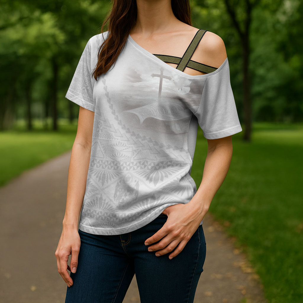Tonga White Sunday Fakame Cross Shoulder Shirt Tokelaufeletoa Kupesi
