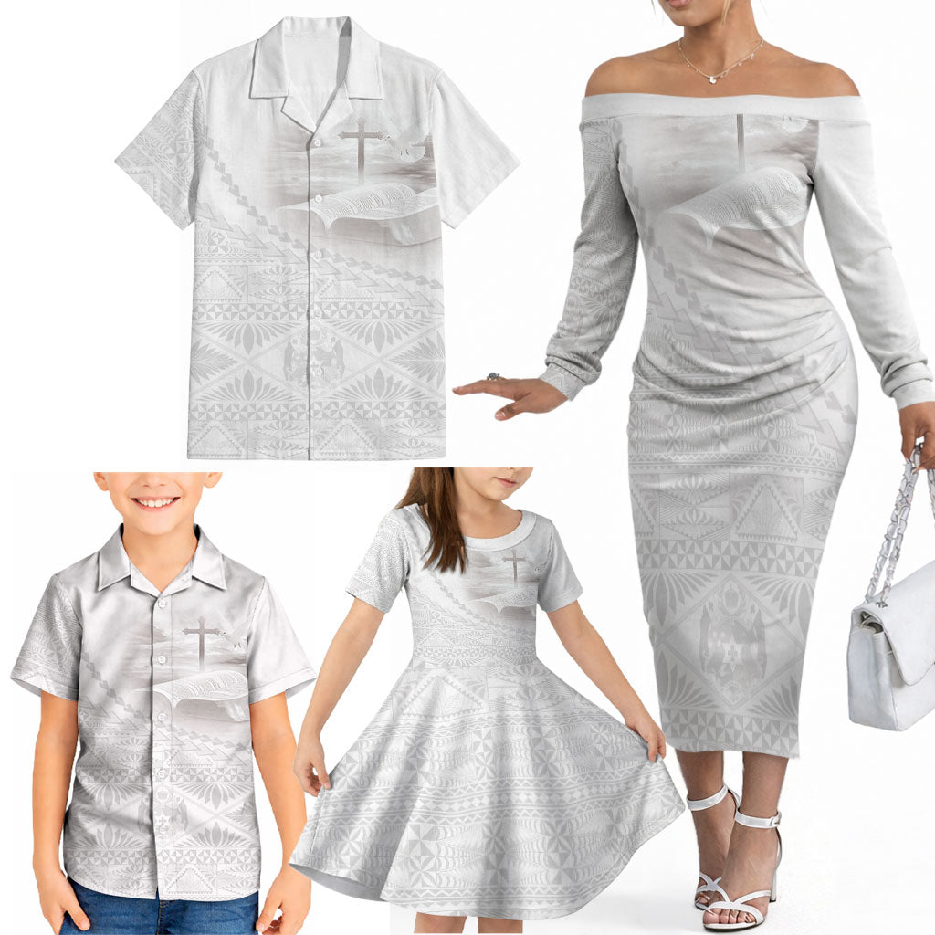 Tonga White Sunday Fakame Family Matching Off The Shoulder Long Sleeve Dress and Hawaiian Shirt Tokelaufeletoa Kupesi