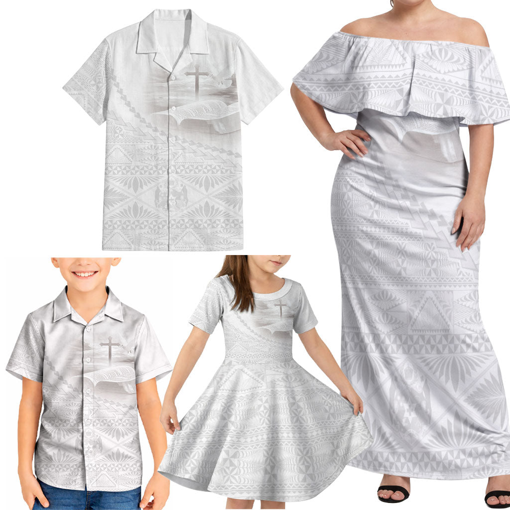 Tonga White Sunday Fakame Family Matching Off Shoulder Maxi Dress and Hawaiian Shirt Tokelaufeletoa Kupesi