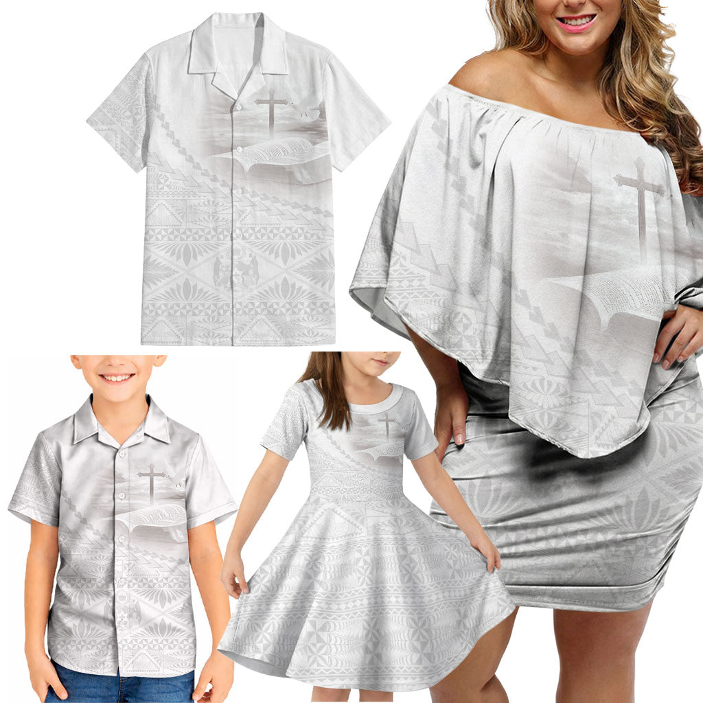 Tonga White Sunday Fakame Family Matching Off Shoulder Short Dress and Hawaiian Shirt Tokelaufeletoa Kupesi