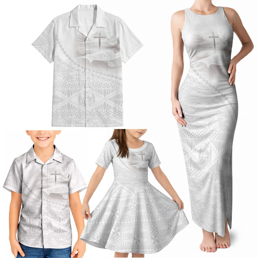 Tonga White Sunday Fakame Family Matching Tank Maxi Dress and Hawaiian Shirt Tokelaufeletoa Kupesi