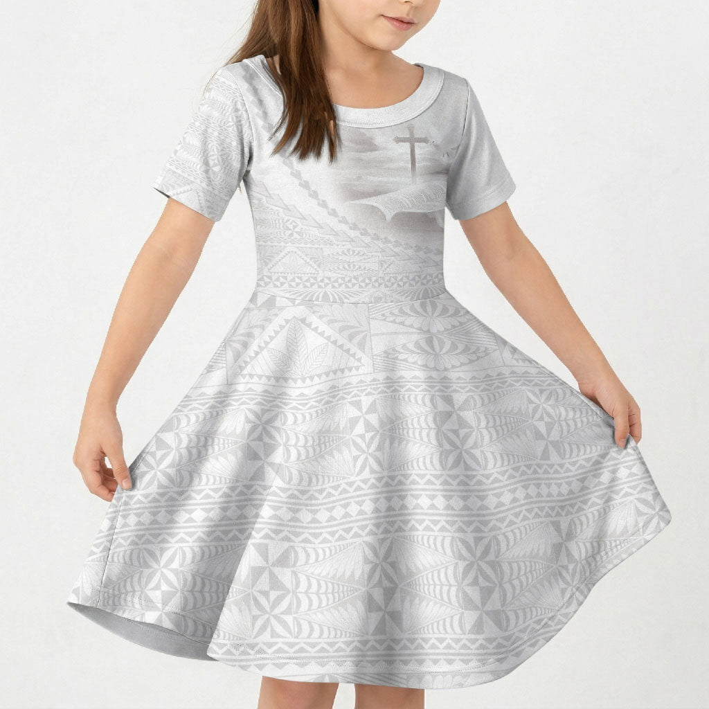 Tonga White Sunday Fakame Kid Short Sleeve Dress Tokelaufeletoa Kupesi