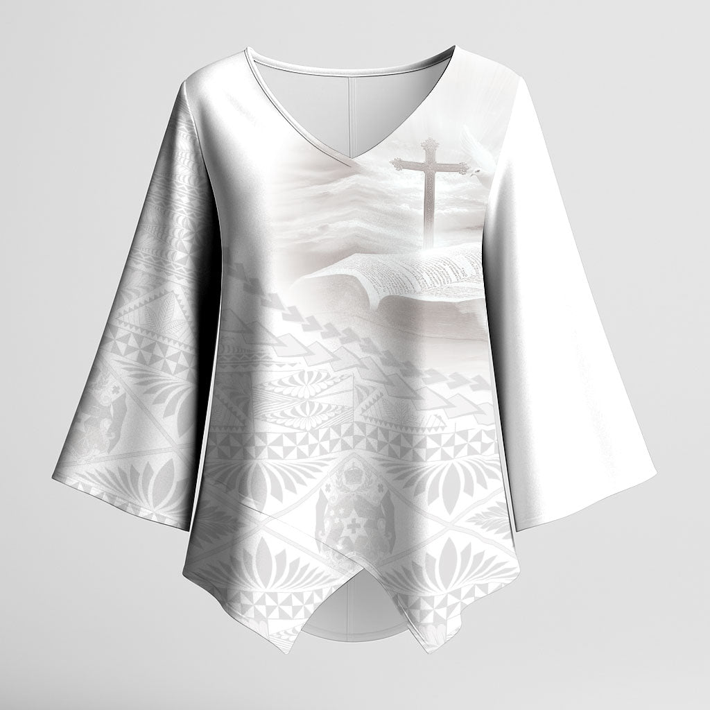 Tonga White Sunday Fakame Kimono Sleeve Blouse Tokelaufeletoa Kupesi