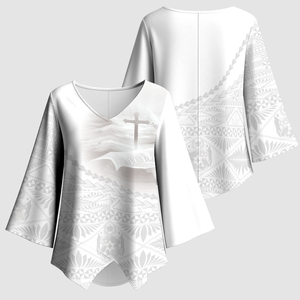 Tonga White Sunday Fakame Kimono Sleeve Blouse Tokelaufeletoa Kupesi