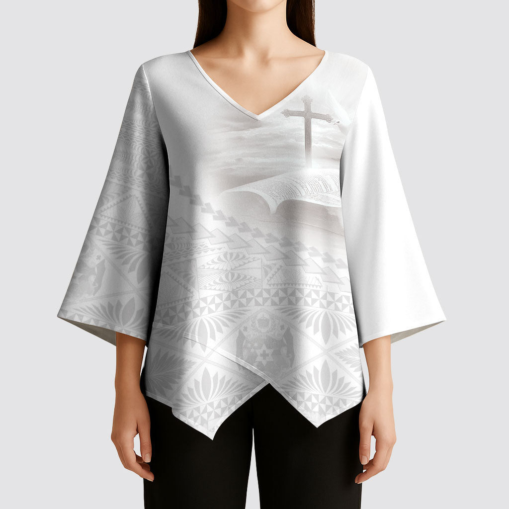 Tonga White Sunday Fakame Kimono Sleeve Blouse Tokelaufeletoa Kupesi