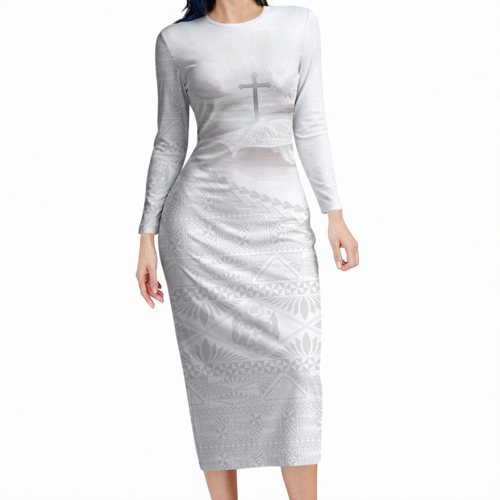 Tonga White Sunday Fakame Long Sleeve Bodycon Dress Tokelaufeletoa Kupesi
