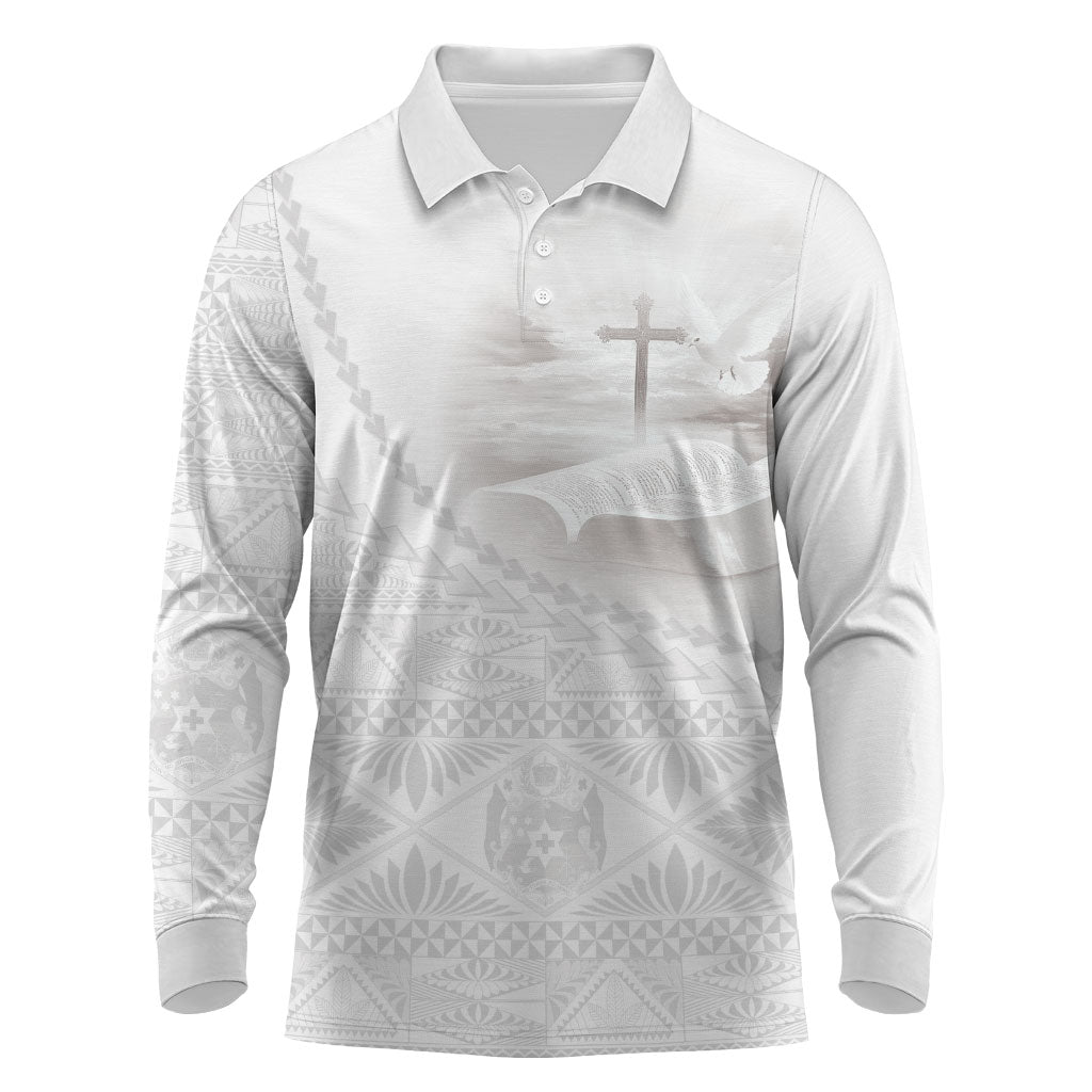 Tonga White Sunday Fakame Long Sleeve Polo Shirt Tokelaufeletoa Kupesi
