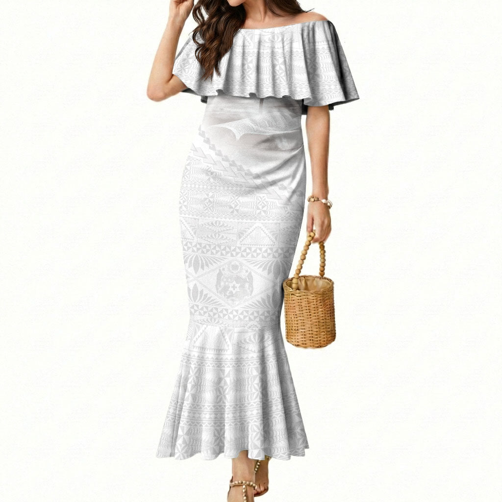 Tonga White Sunday Fakame Mermaid Dress Tokelaufeletoa Kupesi