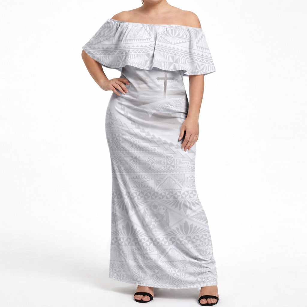 Tonga White Sunday Fakame Off Shoulder Maxi Dress Tokelaufeletoa Kupesi