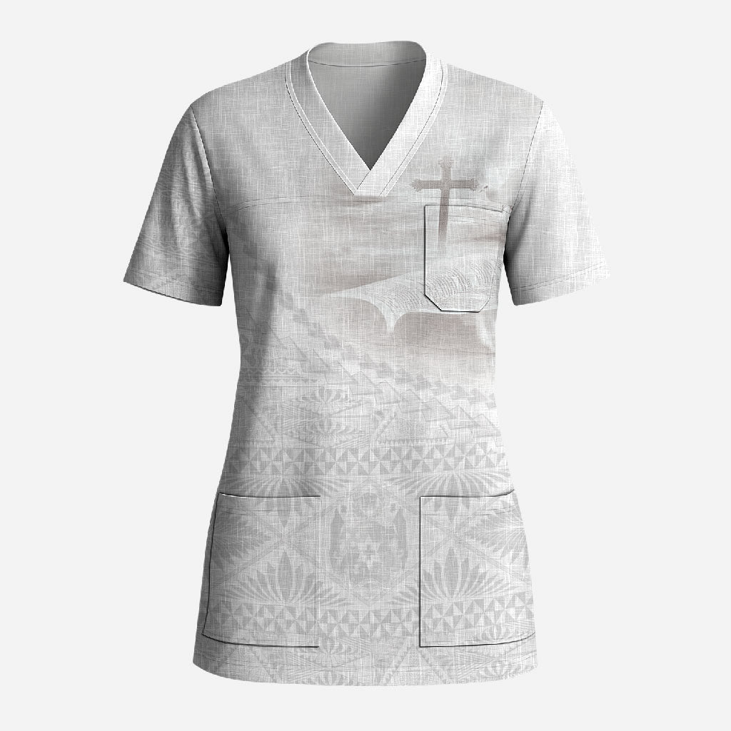 Tonga White Sunday Fakame Scrub Top Tokelaufeletoa Kupesi