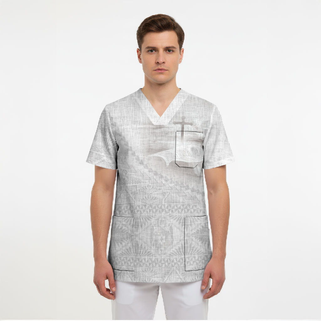 Tonga White Sunday Fakame Scrub Top Tokelaufeletoa Kupesi