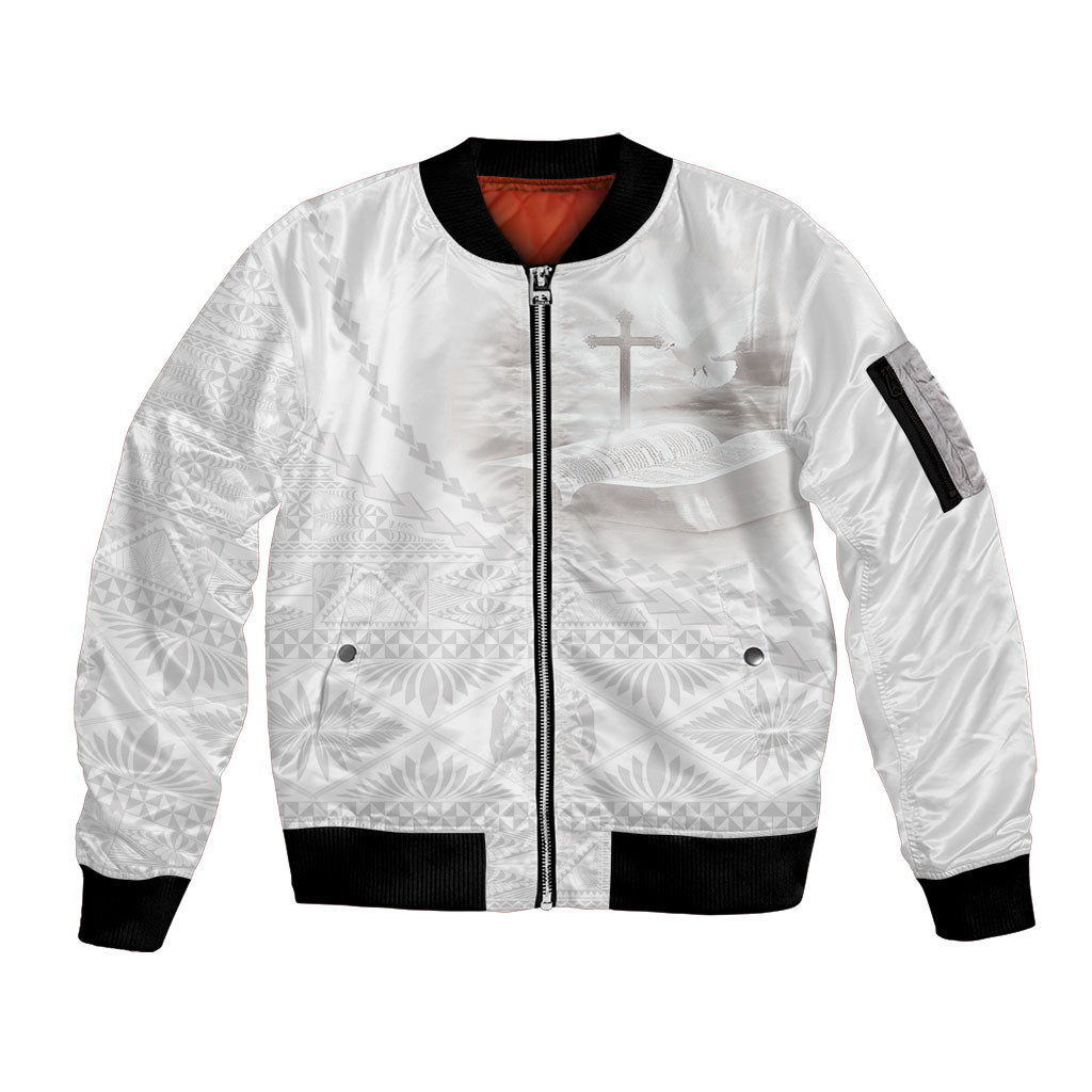 Tonga White Sunday Fakame Sleeve Zip Bomber Jacket Tokelaufeletoa Kupesi