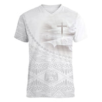 Tonga White Sunday Fakame Women V-Neck T-Shirt Tokelaufeletoa Kupesi