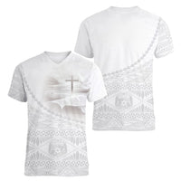 Tonga White Sunday Fakame Women V-Neck T-Shirt Tokelaufeletoa Kupesi