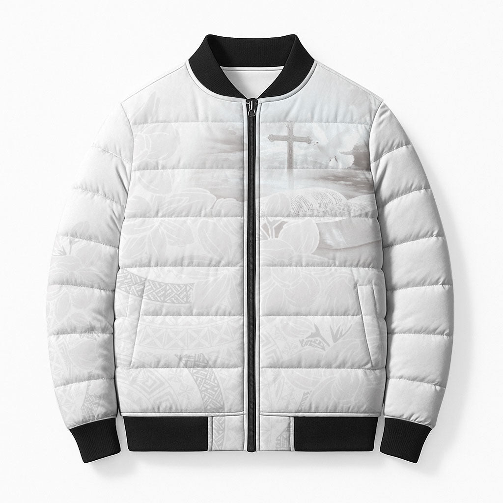 Niue White Sunday Tapu Fanau Bomber Puffer Jacket Fiti Pua Mix Hiapo Tapa