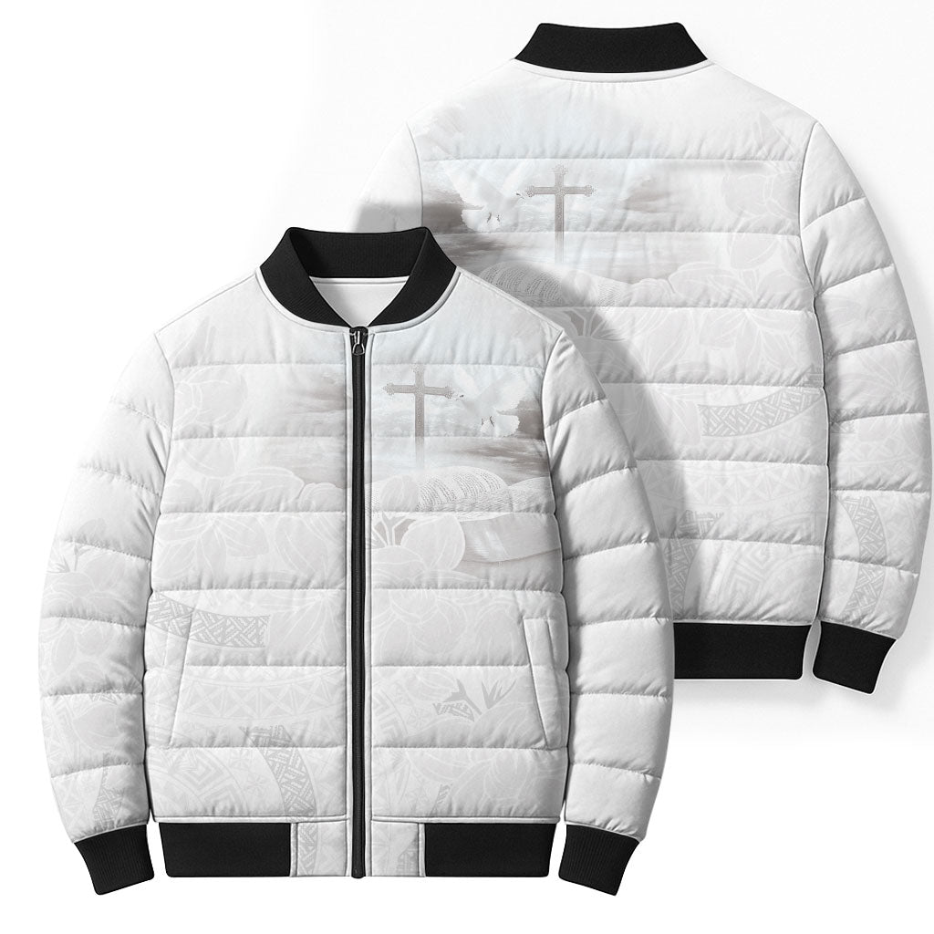 Niue White Sunday Tapu Fanau Bomber Puffer Jacket Fiti Pua Mix Hiapo Tapa