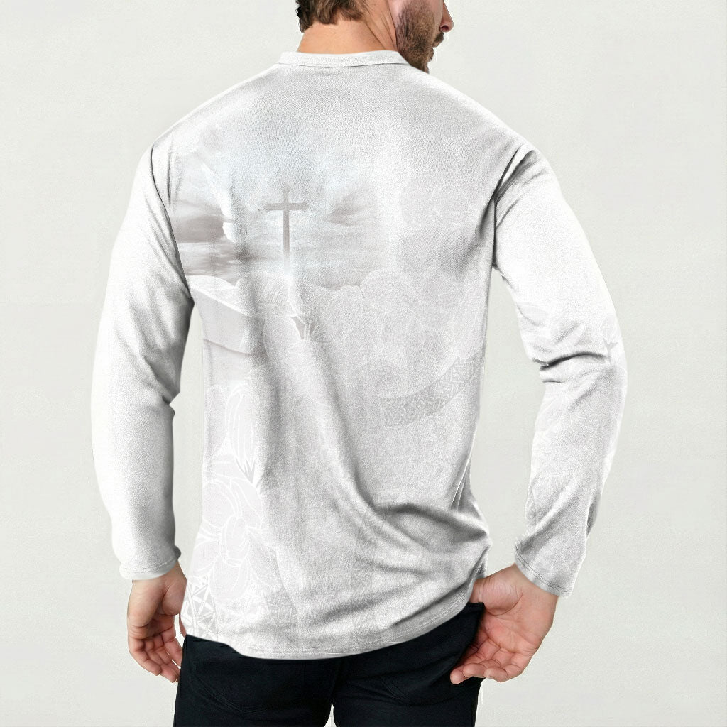 Niue White Sunday Tapu Fanau Button Sweatshirt Fiti Pua Mix Hiapo Tapa