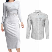 Niue White Sunday Tapu Fanau Couples Matching Long Sleeve Bodycon Dress and Long Sleeve Button Shirt Fiti Pua Mix Hiapo Tapa