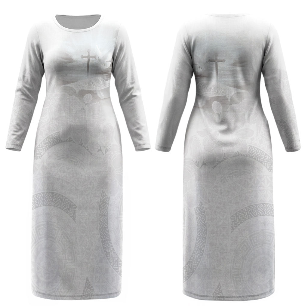 Niue White Sunday Tapu Fanau Couples Matching Long Sleeve Bodycon Dress and Long Sleeve Button Shirt Fiti Pua Mix Hiapo Tapa