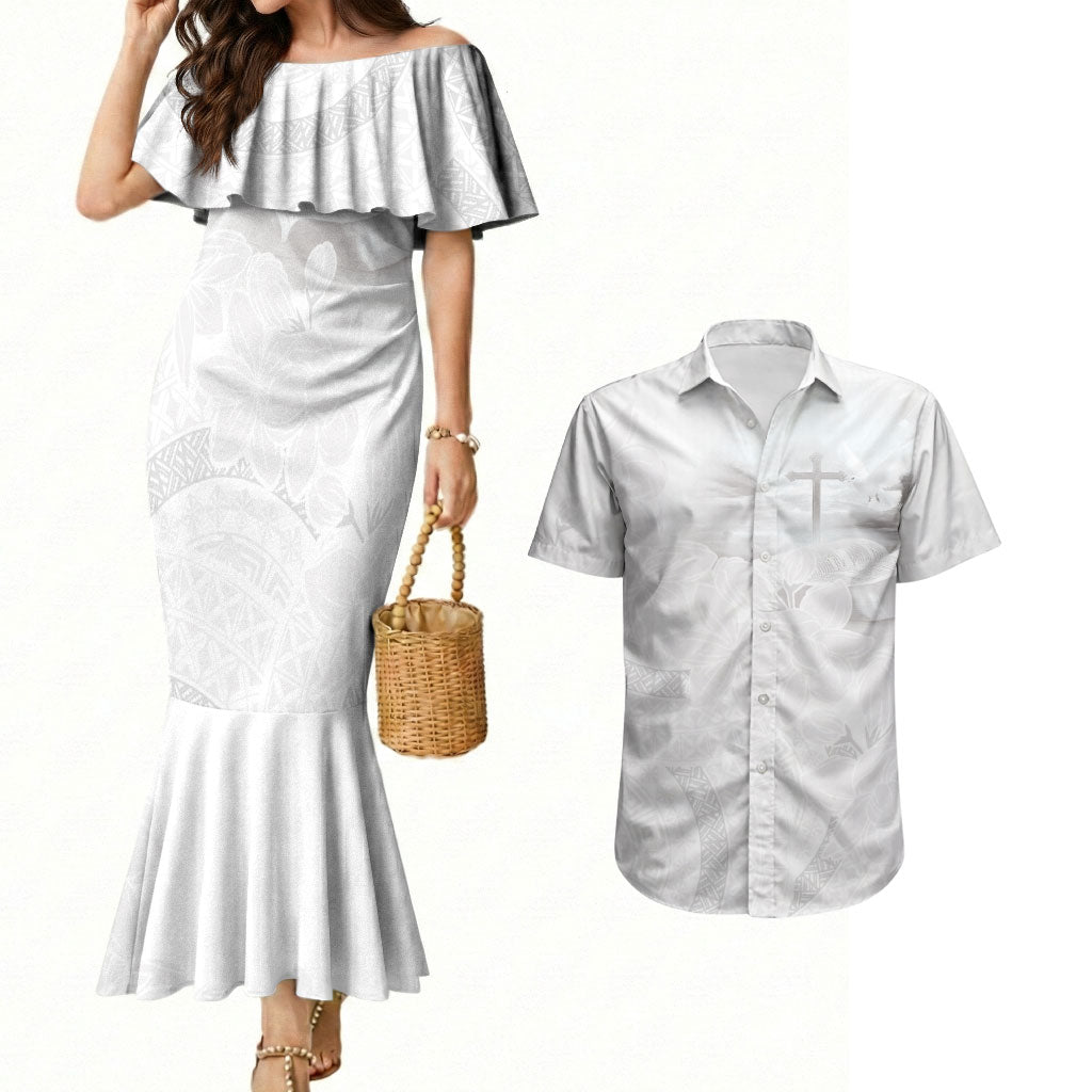 Niue White Sunday Tapu Fanau Couples Matching Mermaid Dress and Hawaiian Shirt Fiti Pua Mix Hiapo Tapa