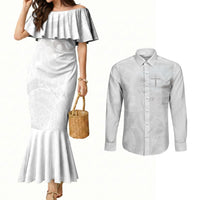 Niue White Sunday Tapu Fanau Couples Matching Mermaid Dress and Long Sleeve Button Shirt Fiti Pua Mix Hiapo Tapa