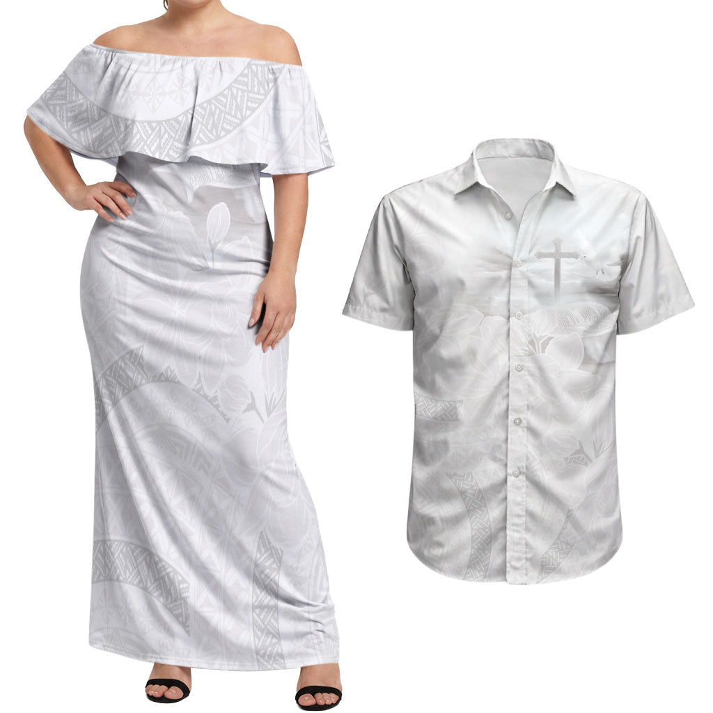 Niue White Sunday Tapu Fanau Couples Matching Off Shoulder Maxi Dress and Hawaiian Shirt Fiti Pua Mix Hiapo Tapa
