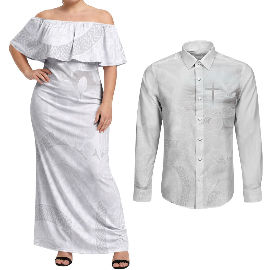 Niue White Sunday Tapu Fanau Couples Matching Off Shoulder Maxi Dress and Long Sleeve Button Shirt Fiti Pua Mix Hiapo Tapa