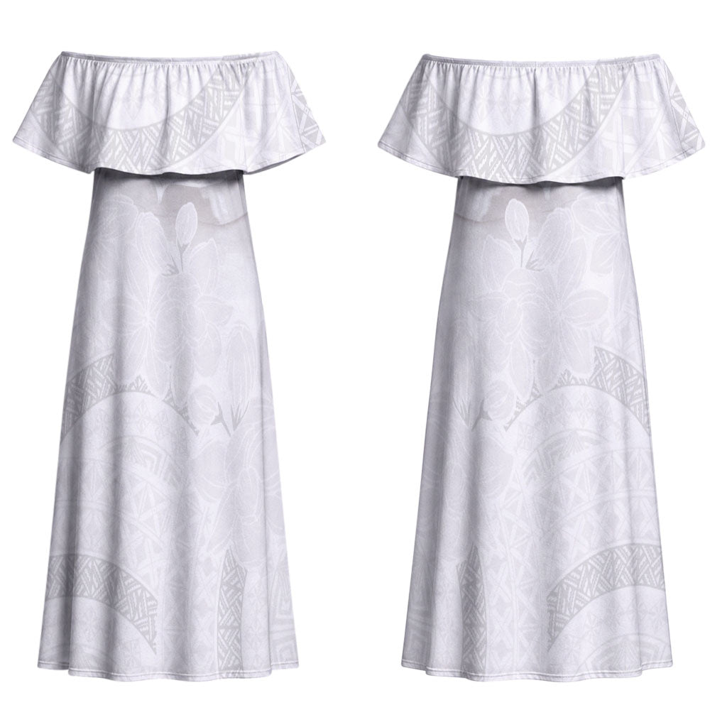 Niue White Sunday Tapu Fanau Couples Matching Off Shoulder Maxi Dress and Long Sleeve Button Shirt Fiti Pua Mix Hiapo Tapa