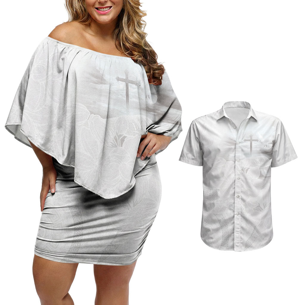 Niue White Sunday Tapu Fanau Couples Matching Off Shoulder Short Dress and Hawaiian Shirt Fiti Pua Mix Hiapo Tapa