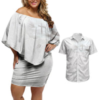 Niue White Sunday Tapu Fanau Couples Matching Off Shoulder Short Dress and Hawaiian Shirt Fiti Pua Mix Hiapo Tapa