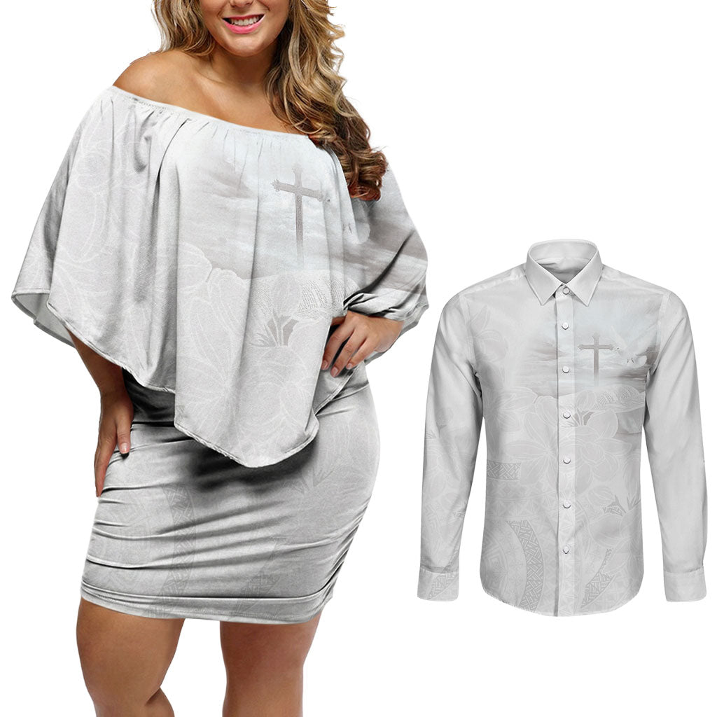 Niue White Sunday Tapu Fanau Couples Matching Off Shoulder Short Dress and Long Sleeve Button Shirt Fiti Pua Mix Hiapo Tapa