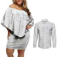 Niue White Sunday Tapu Fanau Couples Matching Off Shoulder Short Dress and Long Sleeve Button Shirt Fiti Pua Mix Hiapo Tapa
