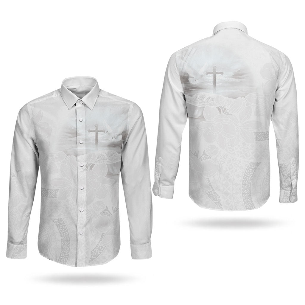 Niue White Sunday Tapu Fanau Couples Matching Off Shoulder Short Dress and Long Sleeve Button Shirt Fiti Pua Mix Hiapo Tapa
