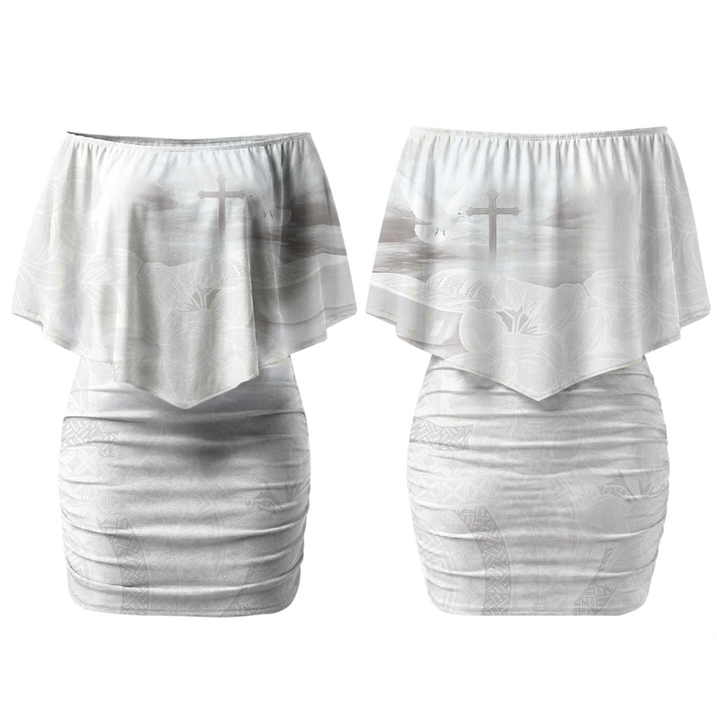 Niue White Sunday Tapu Fanau Couples Matching Off Shoulder Short Dress and Long Sleeve Button Shirt Fiti Pua Mix Hiapo Tapa
