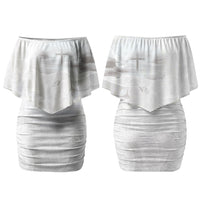 Niue White Sunday Tapu Fanau Couples Matching Off Shoulder Short Dress and Long Sleeve Button Shirt Fiti Pua Mix Hiapo Tapa
