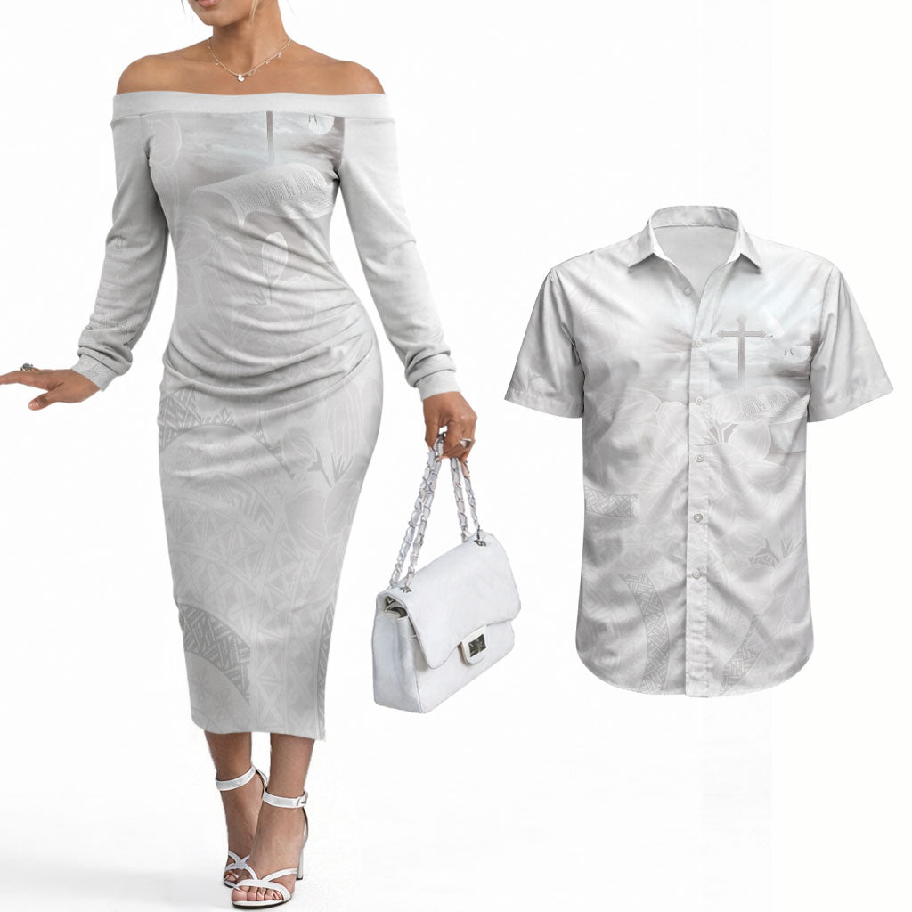 Niue White Sunday Tapu Fanau Couples Matching Off The Shoulder Long Sleeve Dress and Hawaiian Shirt Fiti Pua Mix Hiapo Tapa