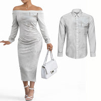 Niue White Sunday Tapu Fanau Couples Matching Off The Shoulder Long Sleeve Dress and Long Sleeve Button Shirt Fiti Pua Mix Hiapo Tapa